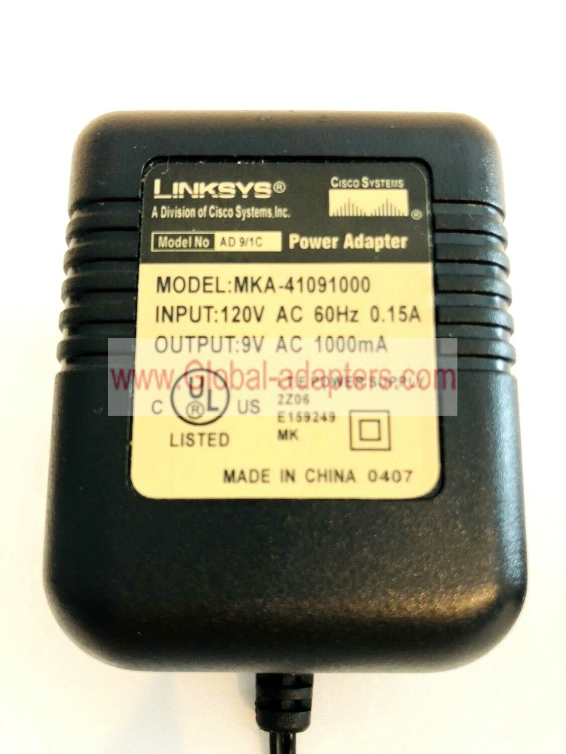NEW Cisco Linksys MKA-41091000 9VAC 1000mA AD 9/1C AC Adapter Power Supply - Click Image to Close